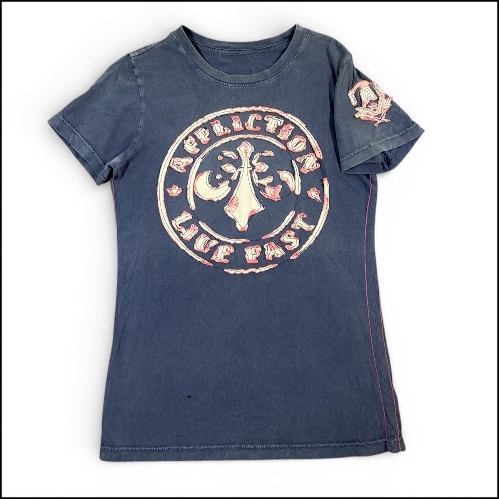 Affliction Live Fast T Shirt Women L Y2K Blue Graphic Grunge Indie Sleaze Logo